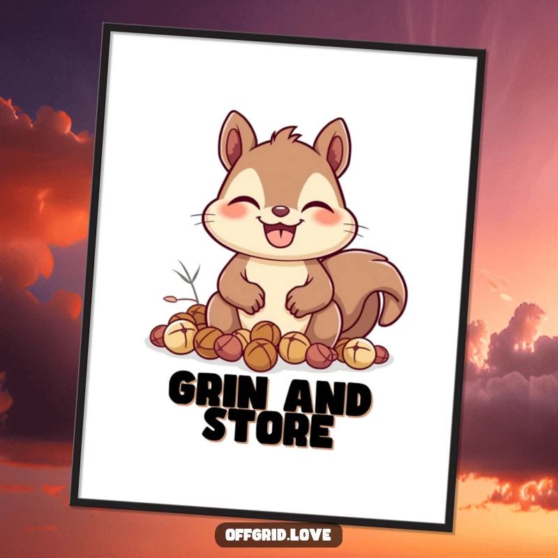Funny Squirrel Poster: A happy squirrel with a wide grin enthusiastically gathers nuts, creating a charming and humorous autumn-themed artwork.