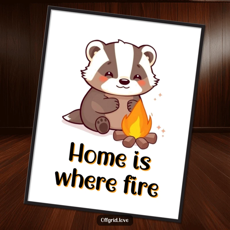 Funny poster of a peaceful badger character warming its paws by a campfire, creating a cozy and inviting atmosphere.