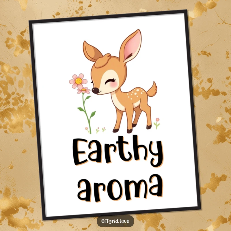 Art poster depicting a curious deer gently smelling a vibrant wildflower in a meadow.