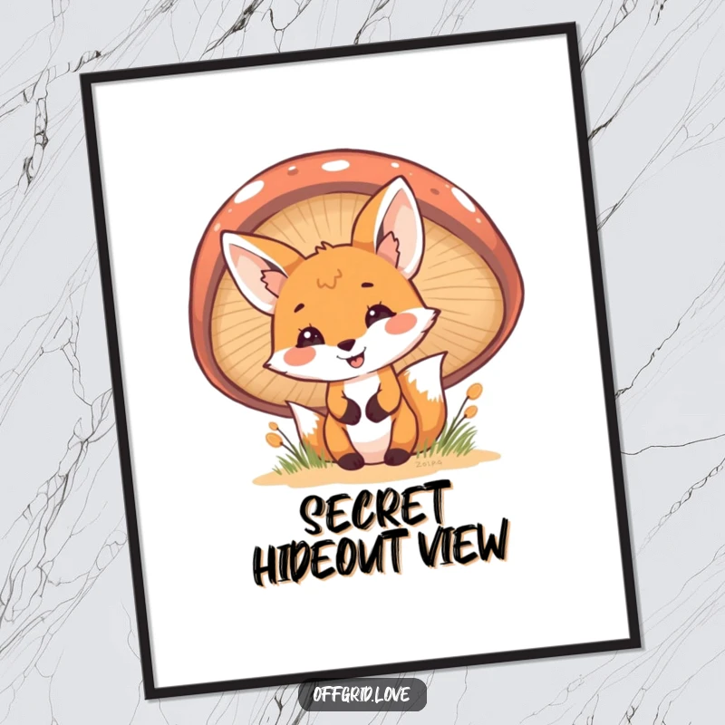 Funny Fox Poster: A cheerful fox peeks out from behind a large mushroom, creating a whimsical and humorous woodland scene for decor.
