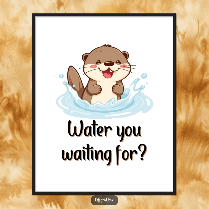 Funny poster depicting a gleeful otter character exuberantly splashing in a natural, clear stream, radiating pure, uninhibited joy.