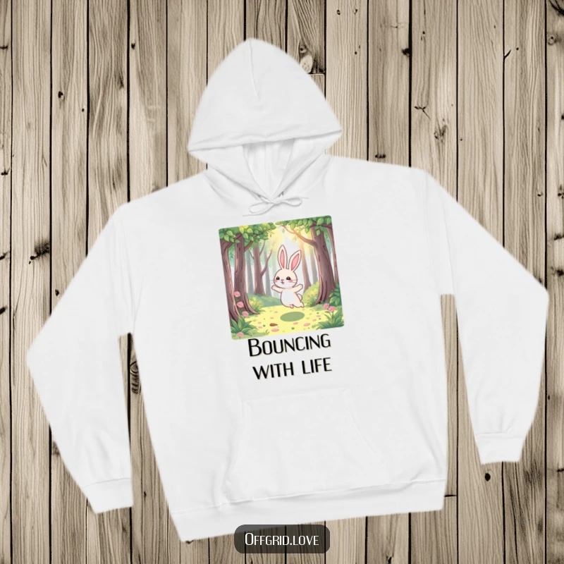 Funny Rabbit Hoodie: A playful rabbit hops joyfully through a sun-dappled forest, offering cozy warmth and a humorous connection to nature.