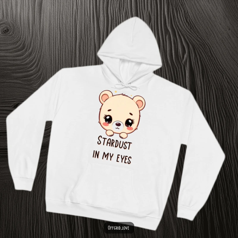 Funny bear cub character stargazing with wide eyes, a cozy and humorous hoodie for night owls.