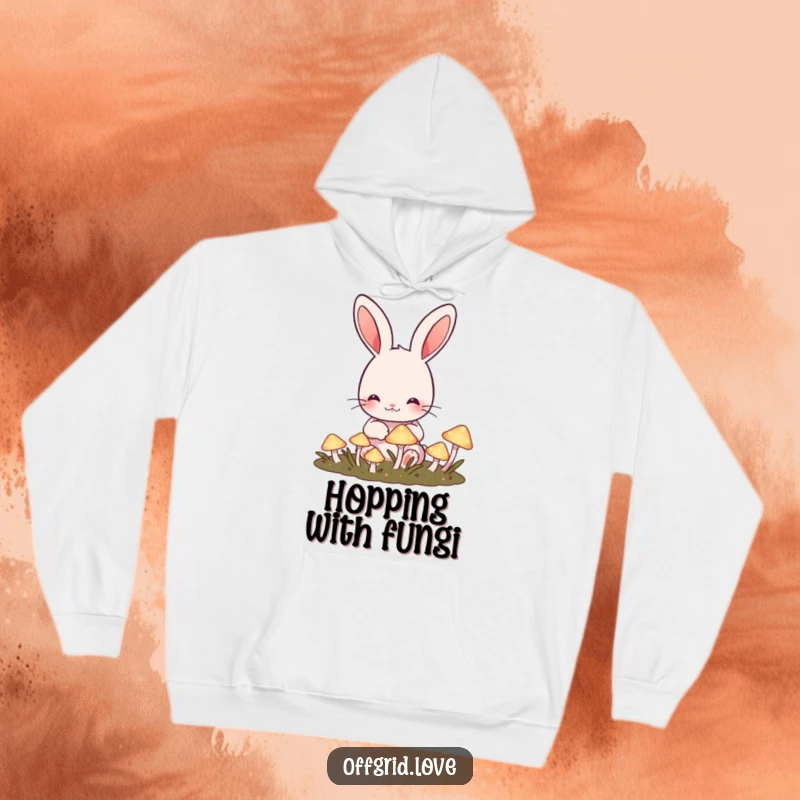 Funny Rabbit Hoodie: Cute rabbit tending a garden of glowing mushrooms, offering funny magic and warmth.