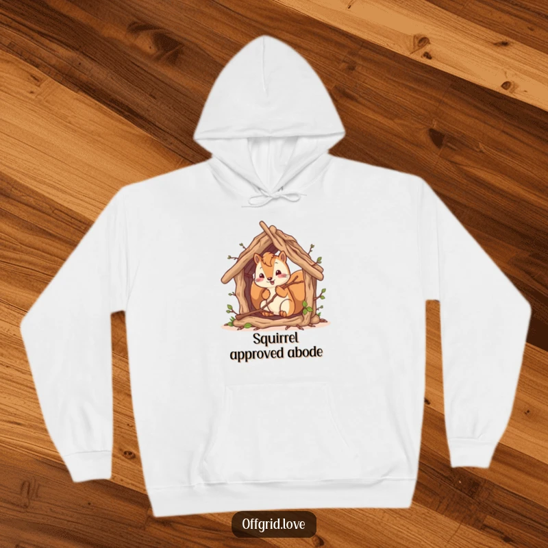 Funny squirrel character building a whimsical twig shelter, a cozy and humorous design for a hoodie.