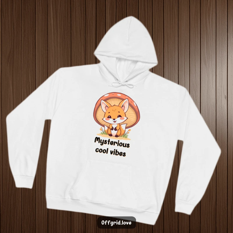 Funny Fox Hoodie: A cheerful fox peeks from behind a mushroom, providing cozy warmth and a humorous touch of forest fantasy.