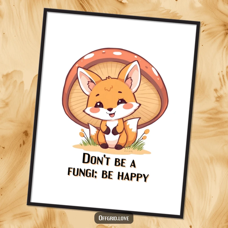 Funny Free Printable Wall Art showing a cheerful fox playfully peeking from behind a large, vibrant mushroom in a forest scene.