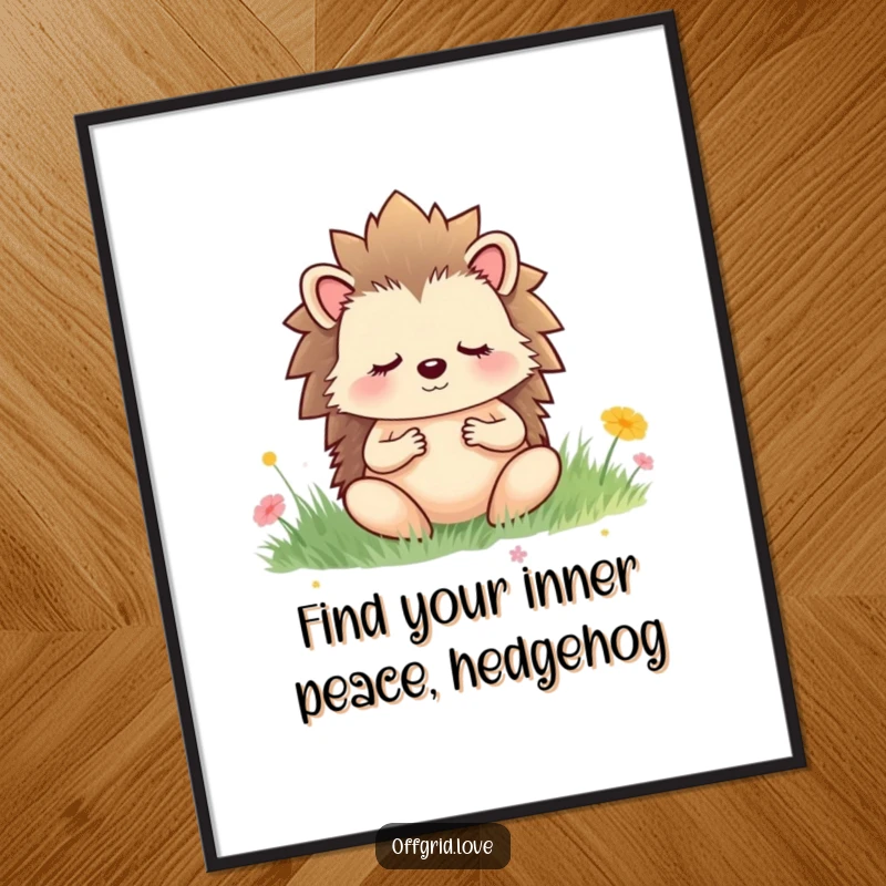 Funny Free Printable Wall Art: Peaceful hedgehog meditating in a serene meadow, adding a tranquil and humorous touch to any room.