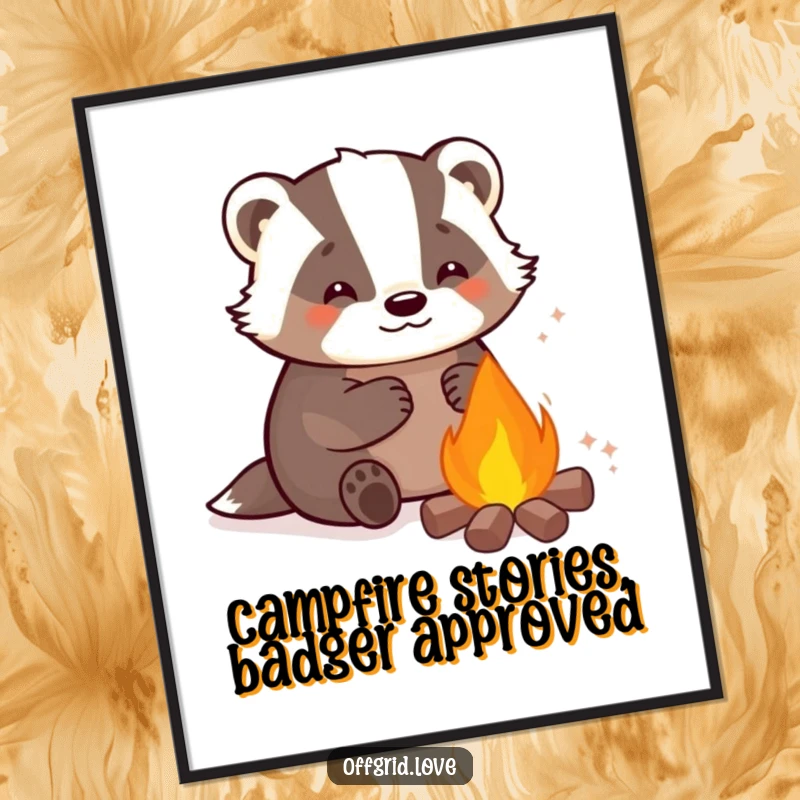 Funny Free Printable Wall Art: Content badger warming by a campfire, creating a cozy and humorous atmosphere.