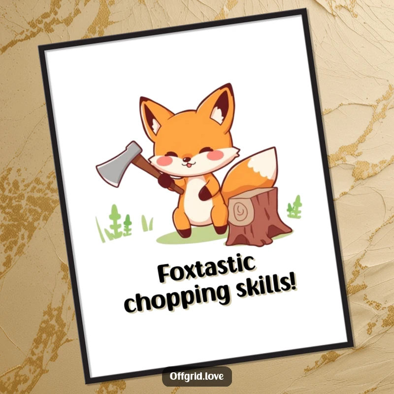 Funny Free Printable Wall Art: Cute fox cheerfully chopping wood with a tiny axe, bringing rustic charm.