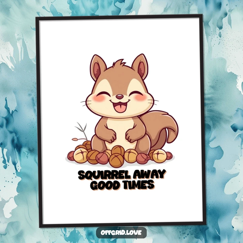 Funny Free Printable Wall Art featuring a happy squirrel with a massive grin, busy collecting nuts in a charming way.