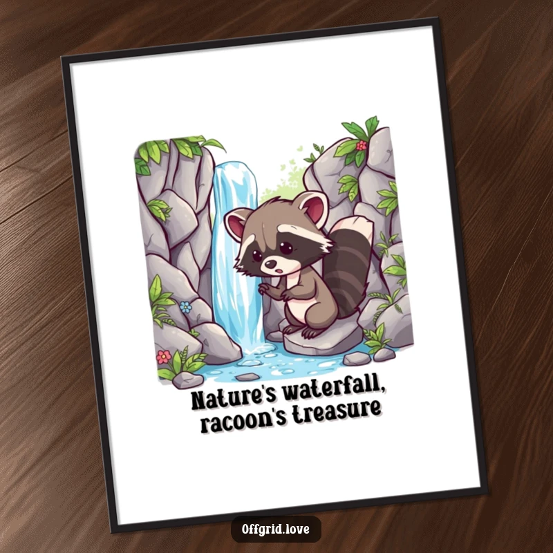 Funny Free Printable Wall Art: Playful raccoon discovering a hidden waterfall, adding an adventurous and humorous touch to any room.