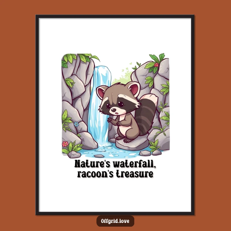 Free Printable Funny Raccoon Art: Hidden Waterfall for Adventurous Downloadable Decor