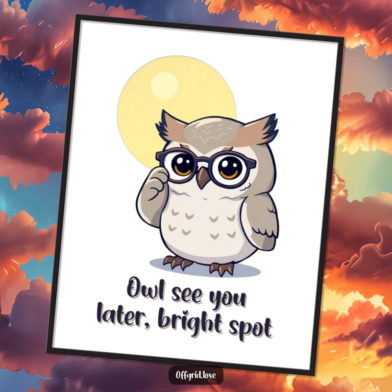 Funny Free Printable Wall Art: Determined owl polishing spectacles under moonlight, adding a wise and humorous touch to any room.