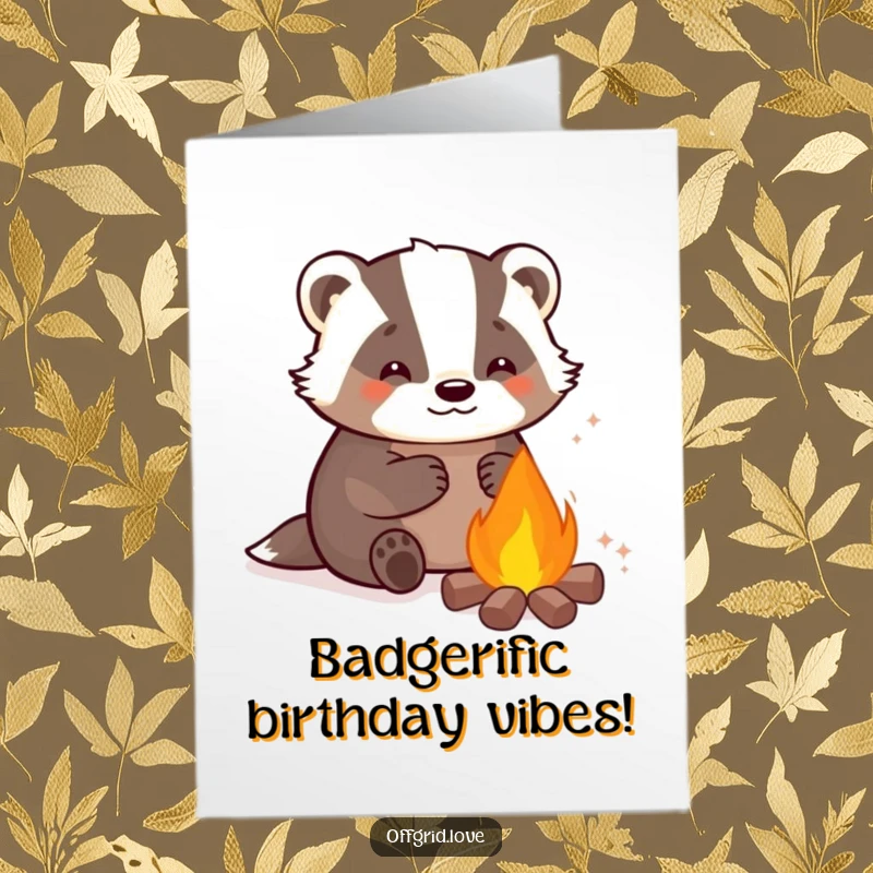 Funny Free Printable Birthday Card: Content badger warming by a campfire, perfect for a cozy DIY birthday wish.