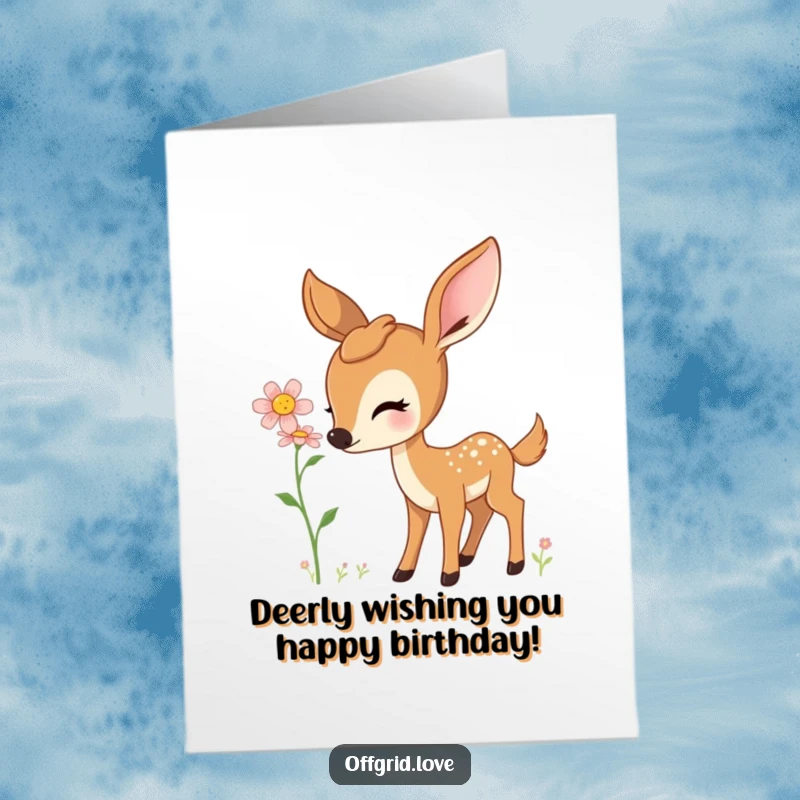 Sweet Free Printable Birthday Card: Curious deer gently sniffs a colorful wildflower, a peaceful birthday wish.