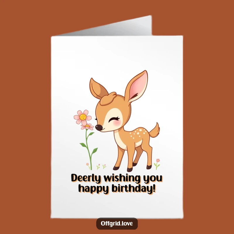 Free Printable Birthday Card: Gentle Deer Sniffing Flower, Sweet Downloadable Gift for Nature Lovers
