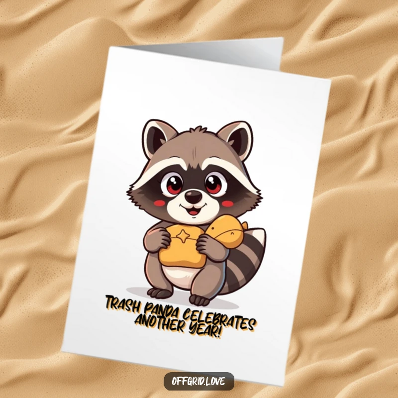 Funny Free Printable Birthday Card: Wide-eyed raccoon clutches a shiny treasure, a comical birthday surprise ready for you.