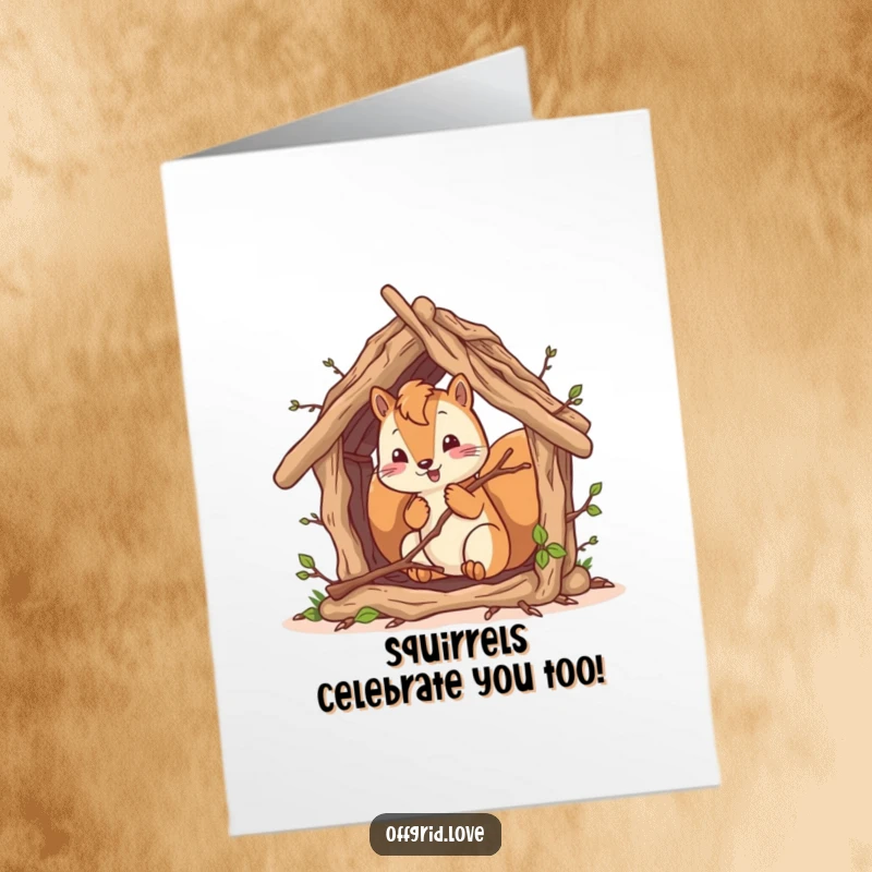 Funny Free Printable Birthday Card: Squirrel humorously building a twig shelter, preparing for a celebration. Cheeky woodland creature.