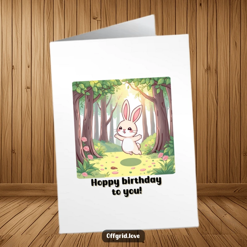 Funny Free Printable Birthday Card depicting a playful rabbit hopping joyfully amidst sunbeams in a dappled forest.