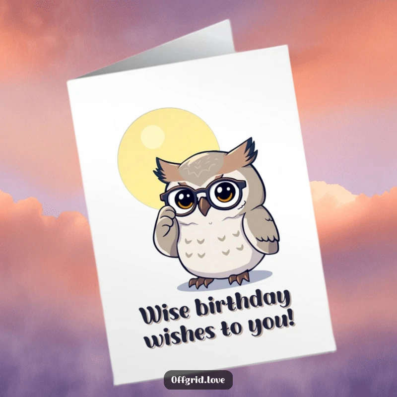 Funny Free Printable Birthday Card: Determined owl polishing spectacles under moonlight, perfect for a wise DIY birthday greeting.