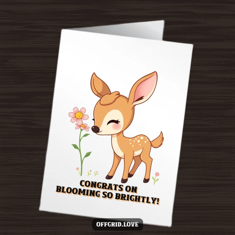 Charming Free Printable Congratulations Card: Curious deer delicately sniffs a blooming wildflower, perfect for celebrating achievements.