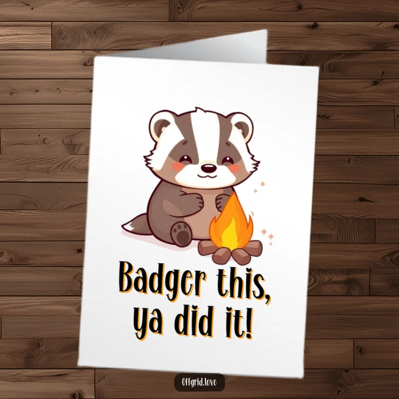 Funny Free Printable Congratulations Card: Content badger warming by a campfire, a cozy and humorous way to say congrats.