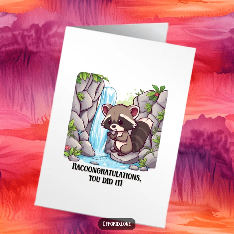 Funny Free Printable Congratulations Card: Playful raccoon discovering a hidden waterfall, a fun and humorous way to say congrats.