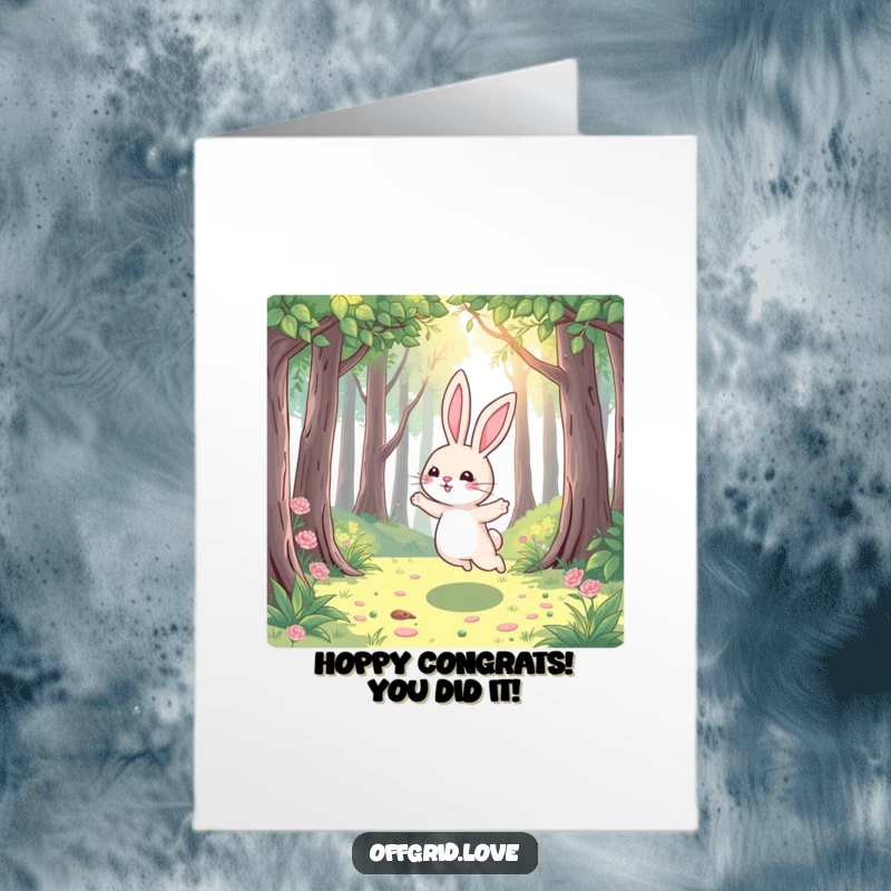 Funny Free Printable Congratulations Card showing a playful rabbit hopping with pure joy through a sunlit forest, celebrating good news.