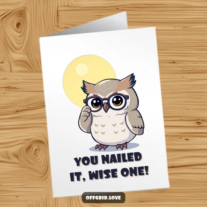 Funny Free Printable Congratulations Card: Determined owl polishing spectacles under moonlight, a wise and humorous way to say congrats.