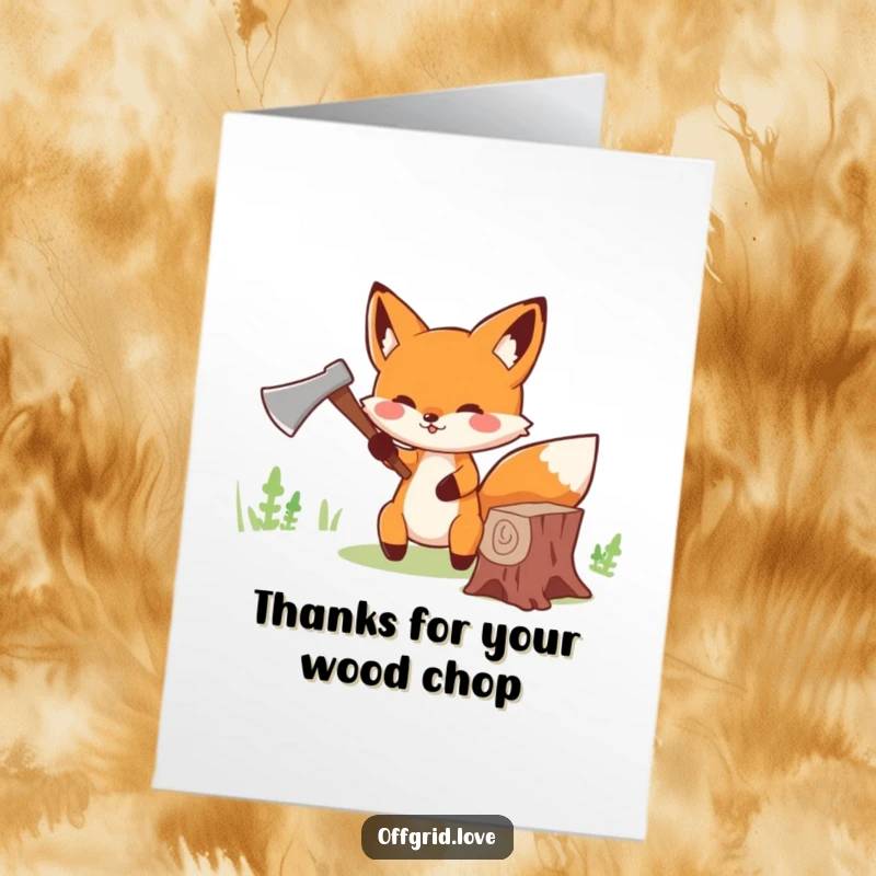 Funny Free Printable Thank You Card: Cute fox cheerfully chopping wood with a tiny axe, sending thanks.