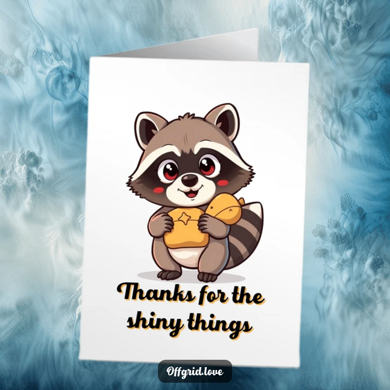 Funny Free Printable Thank You Card: Raccoon gleefully holds a discovered treasure, a downloadable expression of gratitude.
