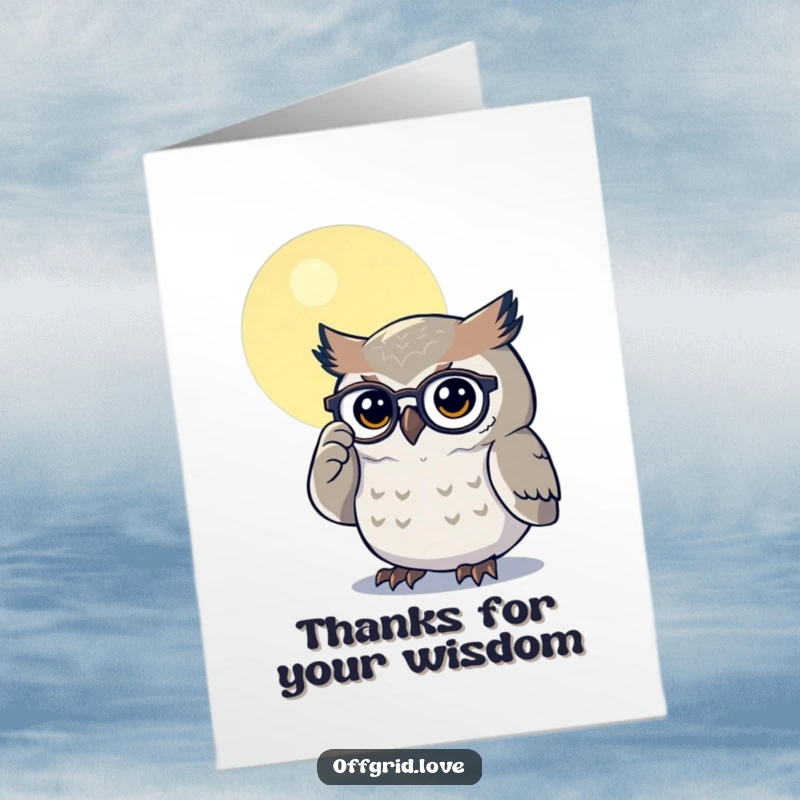 Funny Free Printable Thank You Card: Determined owl polishing spectacles under moonlight, offering wise and humorous thanks.