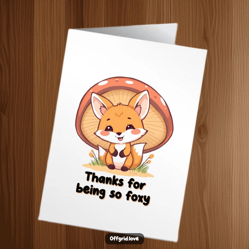 Funny Free Printable Thank You Card with a cheerful fox peeking from behind a large mushroom, expressing thanks with mischief.