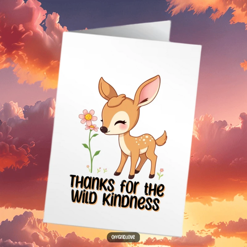 Heartfelt Free Printable Thank You Card: A curious deer enjoys a blooming wildflower, a downloadable thank you note.