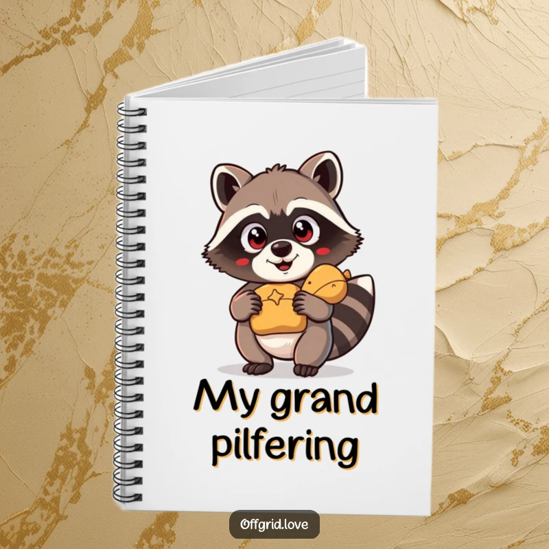 Funny Notebook: A raccoon with wide eyes excitedly clutches a found treasure on the cover.