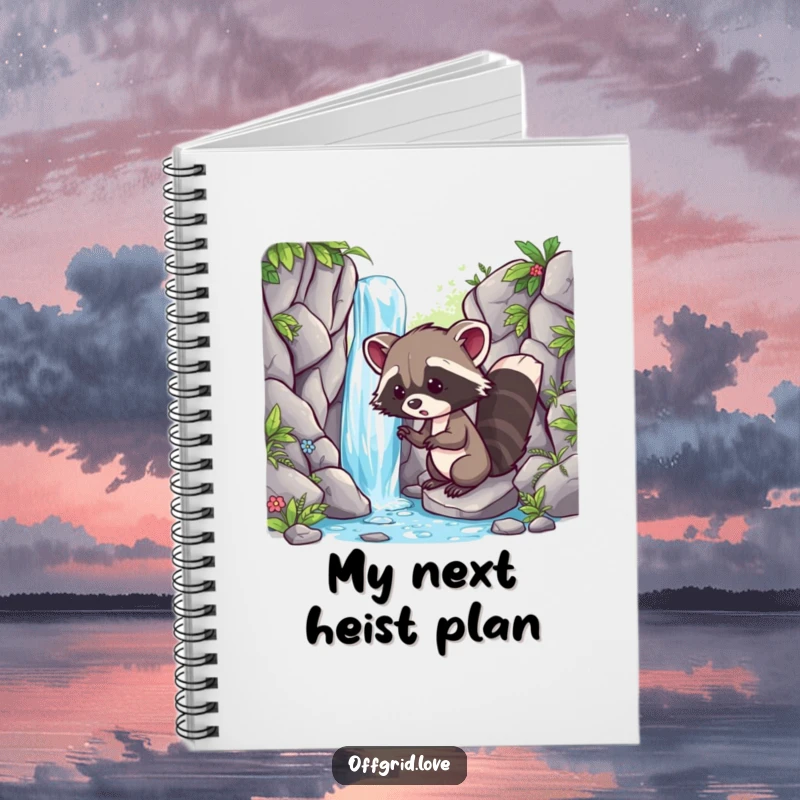 Funny notebook featuring a playful racoon discovering a hidden waterfall, ideal for jotting down adventure notes and plans.