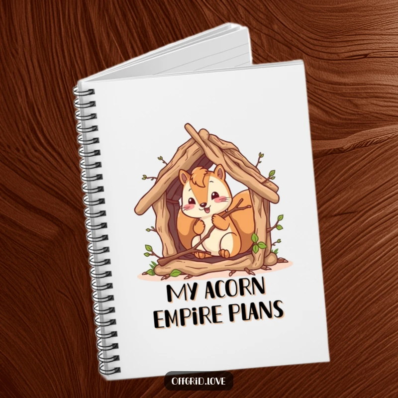 Funny squirrel character building a twig shelter, a humorous and inspiring notebook cover.