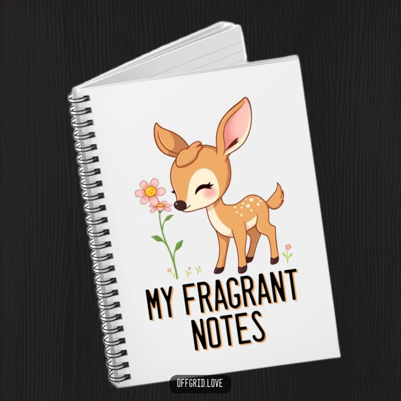 Notebook featuring a curious deer gently sniffing a blooming wildflower on the cover.