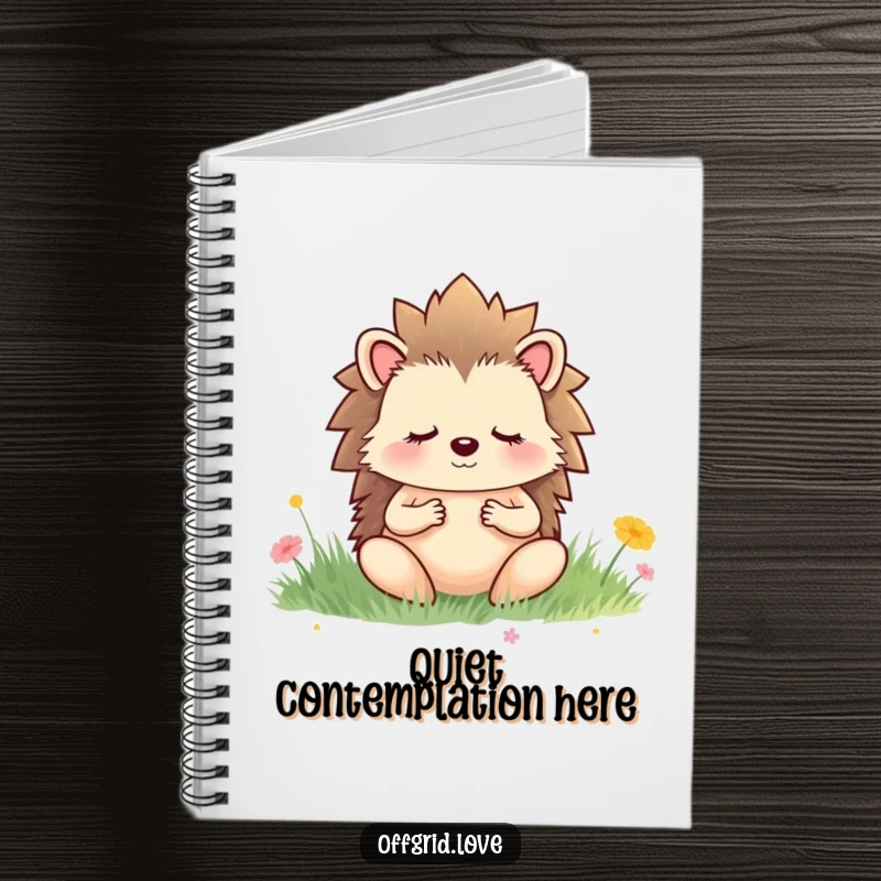 Funny notebook featuring a meditating hedgehog in a serene meadow, ideal for jotting down peaceful thoughts and affirmations.