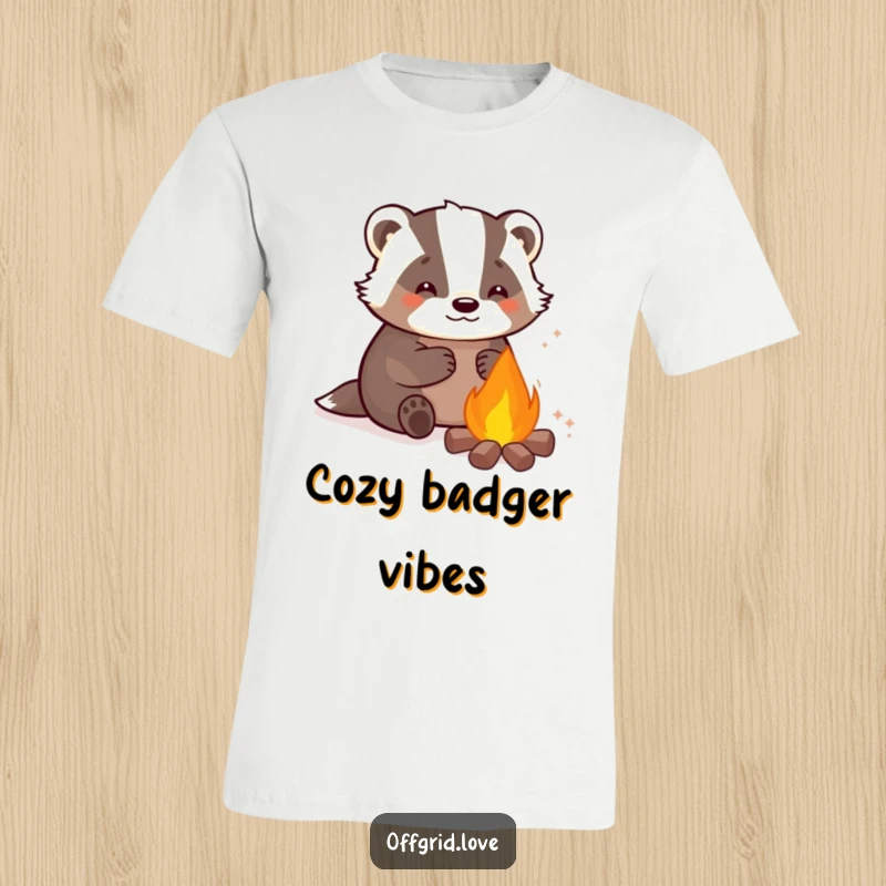 Funny t-shirt with a happy badger character peacefully warming itself by a crackling campfire, embodying comfort and joy.