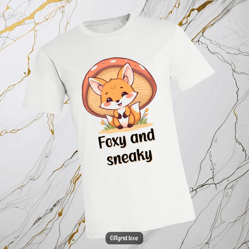 Funny Fox T-Shirt: A cheerful fox peeks out from behind a large mushroom, offering a whimsical and humorous woodland-themed design.