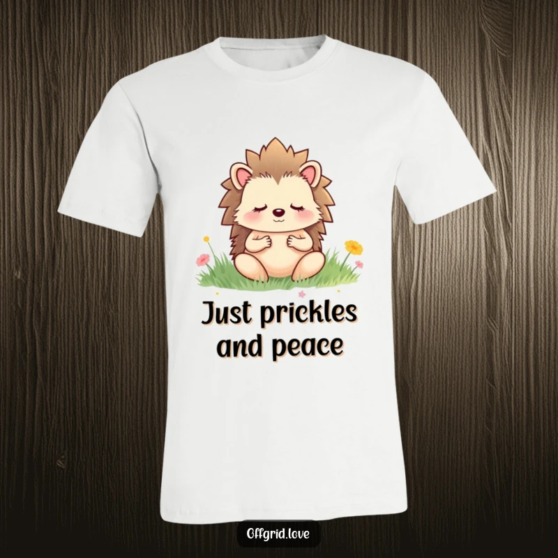 Funny t-shirt with a meditating hedgehog in a serene meadow, embodying peace, mindfulness, and gentle humor.