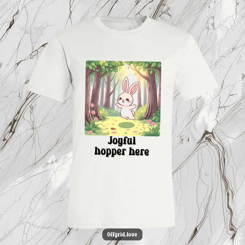 Funny Rabbit T-Shirt: A playful rabbit hops joyfully through a sun-dappled forest, capturing the spirit of carefree fun and nature.