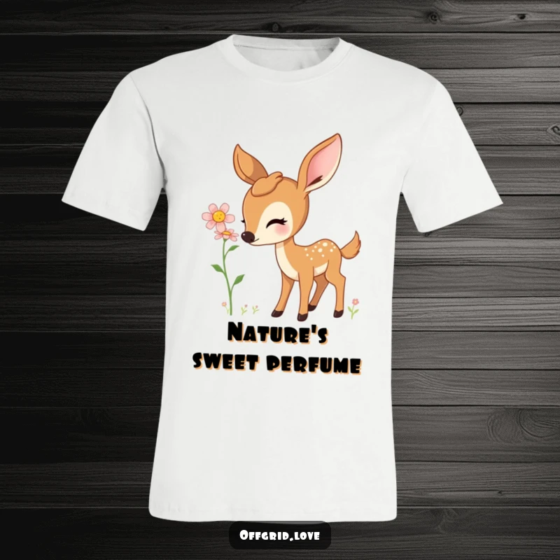 Soft t-shirt featuring a curious deer gently smelling a colorful blooming wildflower.