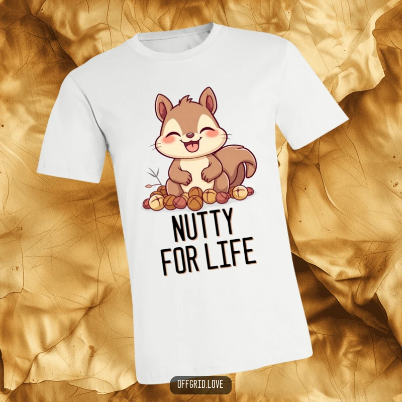 Funny Squirrel T-Shirt: A happy squirrel with a wide grin is busy collecting nuts, perfect for celebrating autumn's bounty with humor.