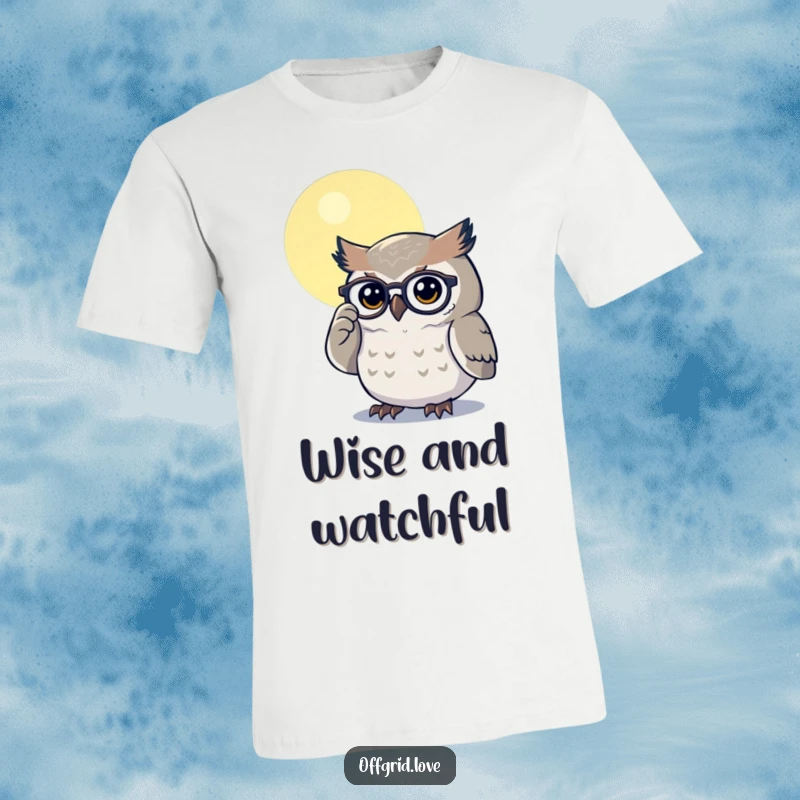 Funny t-shirt with a focused owl polishing its spectacles under a mystical moon, highlighting intelligence and determination.