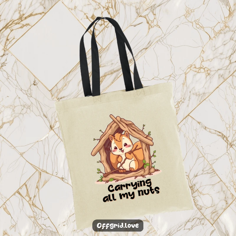 Funny squirrel character gathering twigs to build a rustic shelter, a charming and humorous tote bag design.