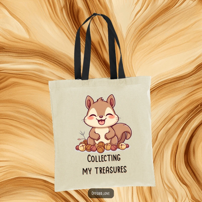 Funny Squirrel Tote Bag: A happy squirrel with a wide grin collects nuts, making it a humorous and practical accessory for shoppers.
