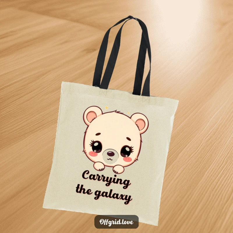 Funny bear cub gazing at stars in the night sky, a humorous and practical tote bag.